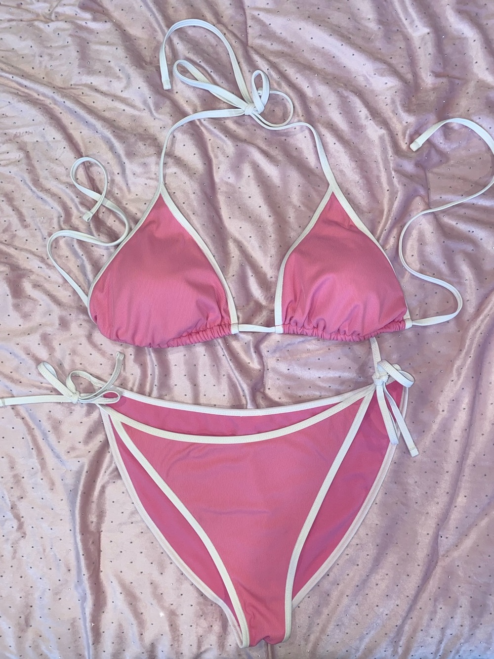 Shade & Shore Pink and White Contrast Trim Triangle Bikini